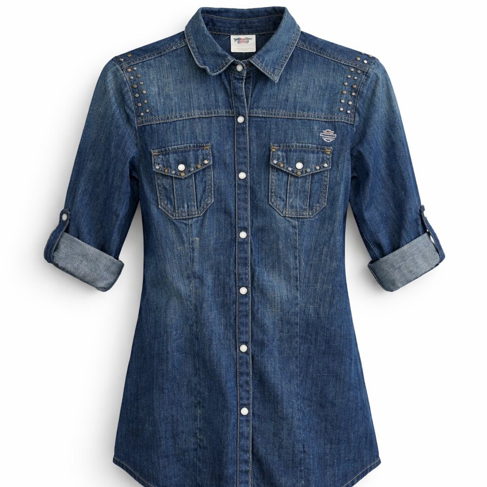 Harley-Davidson Denim Shirt – Women’s XS – 100% Cotton – Studded Western Snap